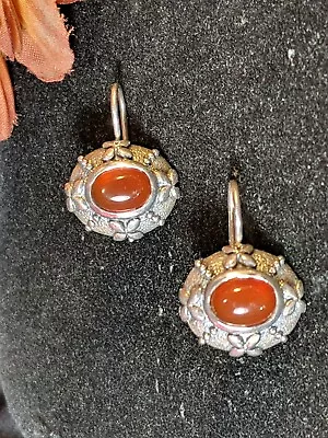 Vtg 925 Sterling Silver Carnelian Stone Pierce Earrings Thailand Estate Jewelry • $24.95