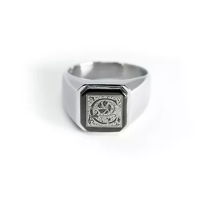 Stainless Steel Floral Monogram Letter C Mens Square Biker Flat Top Signet Ring • $14.50