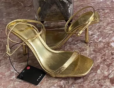 NWT Zara Retro Strappy Gold Square Toe Y2K Gold Heels Sandal US 9/ 40 EU • $44.99