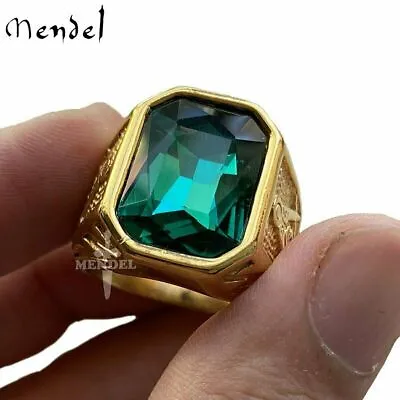 MENDEL 10k Gold Plated Mens Masonic Green Stone Ring Stainless Steel Size 7-15 • $16.99