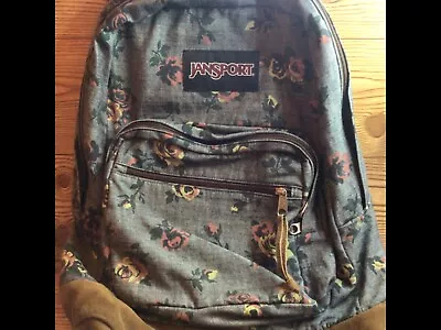 Jansport Originals Backback Blue Pink Floral Denim School Suede Bottom • $20