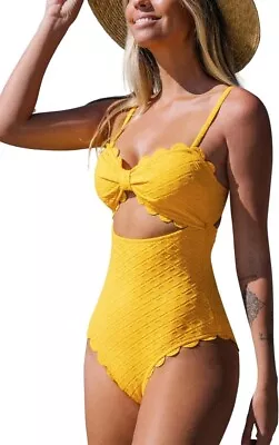 Cupshe Cut Out Scallop Trim Swimsuit | Yellow | Size 16-18 (L) • £16.95