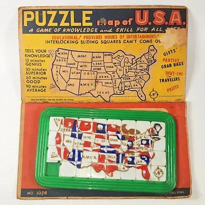 VTG MCM Puzzle Map U.S.A. Plastic Sliding Squares Game 31 Tiles On Original Card • $38