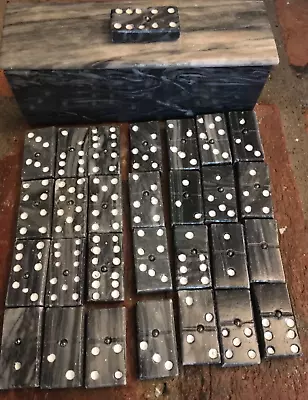 Vtg Grey Marble DOMINOES SET W Case/ Box Complete 28 Dominos • $30.06