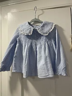 Zara Girls 3-4 Blue White Striped Seersucker Smocked Blouse EUC • $18.99