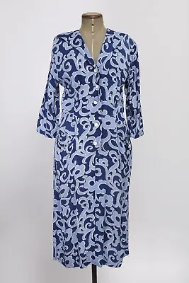 Blue Paisley 40s Cotton Wartime TEA DAY DRESS Pockets MIDI Floral Print Size 14 • £95