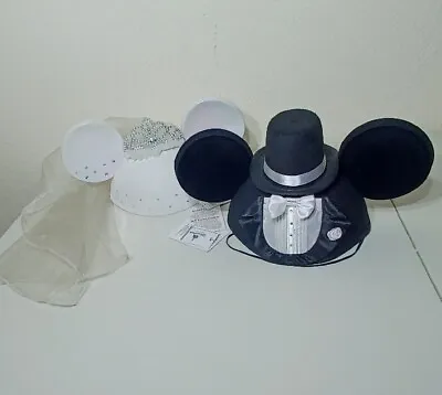 Disney Mickey & Minnie Mouse Wedding Groom And Bride Ears Hat Set Tuxedo W Tags • $59.99