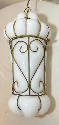 Antique Blown Italian Murano Venetian White Milk Glass Hanging Cage Chandelier . • £384.71
