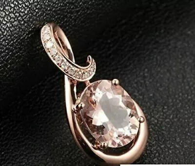 3 Ct Oval Cut Lab Created Morganite & Diamond Solitaire Pendant Rose Gold Plated • $90.59