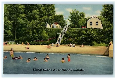 C1940's Beach Scene At Lakeland Lodges Vermilion Ohio OH Vintage Postcard • $14.98