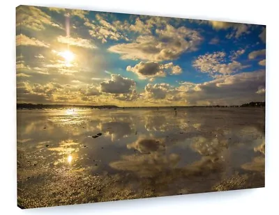 £38.85 • Buy Sunset Beach Blue Sea Canvas Picture Print Wall Art Chunky Frame Large 