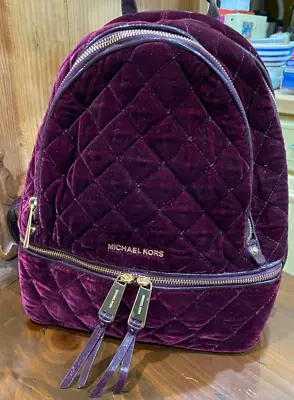 NWOT Michael Kors Rhea Medium Velvet Zip Backpack Handbag PLUM Gold • $150