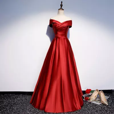 V-Neck  Off The Shoulder A-Line Floor-Length Satin Dress Long Elegant Dresses • £143.87