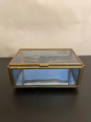 Via Vermont Etched Flower Blue Tint Glass Brass Trinket Box Handcrafted Mexico • $13.50