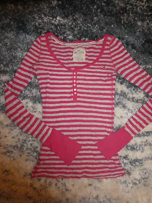 Hollister Vintage Y2K 2000's Stripe Henley Pink Gray Button Up Small AS IS • £33.78