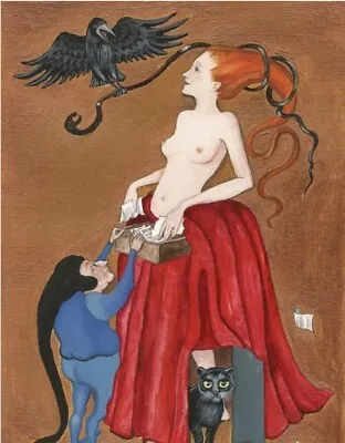 5X7 PRINT OF PAINTING RYTA NUDE Witch Halloween Black Cat Pagan Art Monster Crow • $8.99