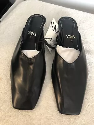 Zara Women’s Square Toe Black Leather Slip On Mule Size 39/US 8 NWT • $38