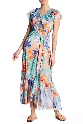 Spense Ruffle Midi Dress V-neck Ruffled Cap Sleeves Allover Print Size 10 NWT • $29.99