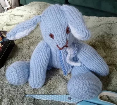 Easter Collection Hand Knitted  Toy Rabbit Blue With Blue/White Scarf 24 Cm  • £6