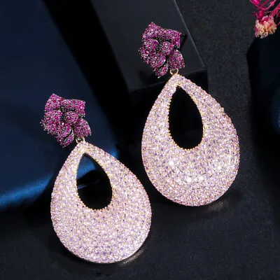 Pink Cubic Zircon Big Long Rose Flower Drop Women Earrings With 925 Silver Pin • $14.64