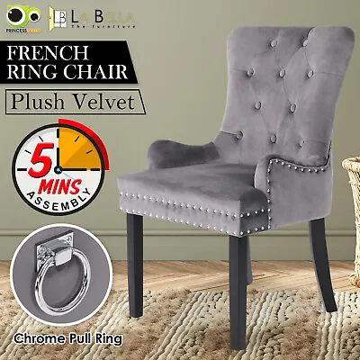 1X Dining Chair French Provincial Ring Studded Velvet Rubberwood LISSE - GREY • $179