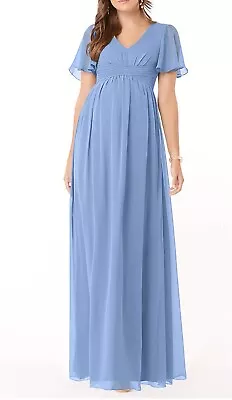NWT Azazie Verna A-line V-neck Runched Chiffon Floor Length Dress Blue Size 16 • £48.26