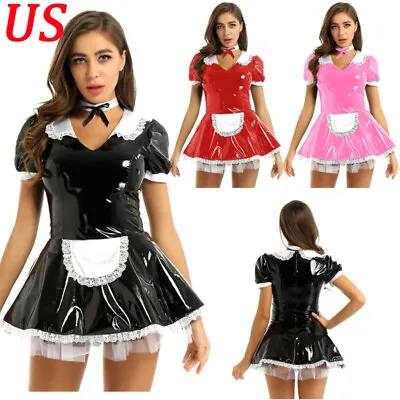 US Womens Dress French Maid Uniform Faux Leather Anime Cosplay Costume Clubwears • $23.24