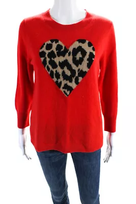 J Crew Womens Cashmere Knit Leopard Print Heart Crewneck Sweater Top Red Size M • $42.69