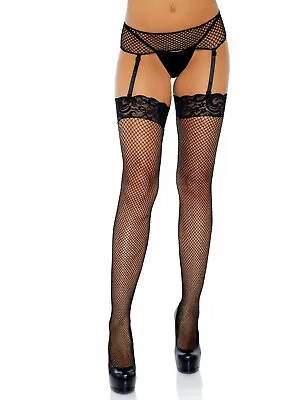 Leg Avenue 9023Q Plus Size Tall Black Fishnet Thigh Highs Lace Top Nylon Tights • $17.95