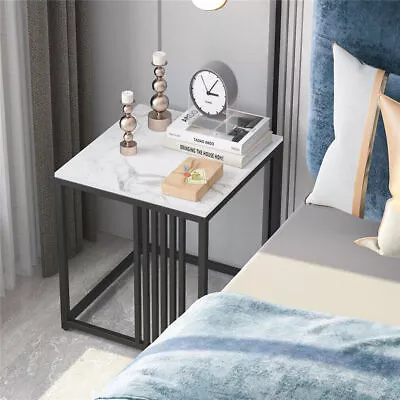 Marble End Table Side Tables Bedroom Nightstand Unique Black Paint Coated Frame • $45.95