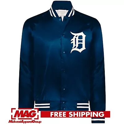 DETROIT D EMBROIDERED TWILL SATIN NAVY BASEBALL JACKET STRIPED TRIM Tigers Mlb • $59.99