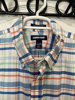 Lands End No Iron Supima Buttondown Oxford Dress Shirt 16-35 Blue/Coral Plaid • $11