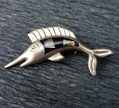 Vintage Made In Mexico Silver Swordfish Brooch Abalone Inlay • $8