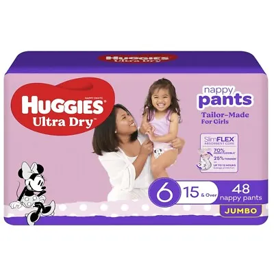 $28 • Buy Huggies Ultra Dry Nappy Pants Girl Size 6 (15kg+) 48 Pack