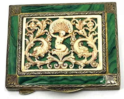 Antique Italy Box Nouveau Malachite Enamel Bone 800 Silver Compact Gran Tour (B) • $745