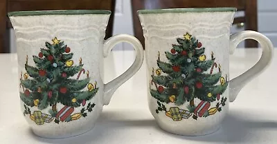 2 Vintage Mikasa Festive Season Mugs Christmas Tree Holiday Coffee Cup EB451 • $15