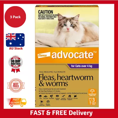 ADVOCATE Over 4 Kg Purple 3 Doses For Cats Flea Heartworm And Worm Treatment • $52.64