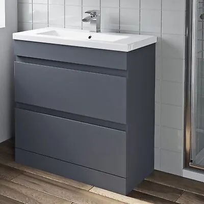 800mm Bathroom Vanity Unit Basin Storage 2 Drawer Cabinet Furniture Grey Gloss • £274.97