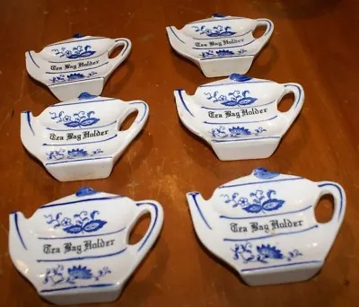 6 Mini Teapot Shaped Teapot/Spoon Holders  White/Blue SOME MINOR CHIPS • $10