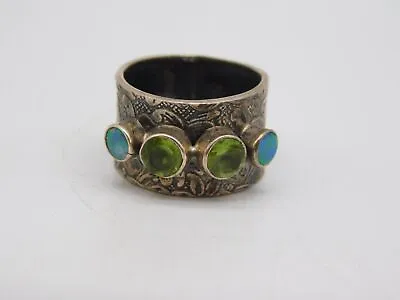 Vintage Designer Sterling Silver Peridot Fire Opal Stone Scrolling Flower Ring • $39.99