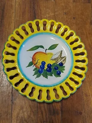 Signed Majolica Pottery Wall Plate Deruta Italy Cut Work Rim FRUIT Yellow 8.5” • $13.43