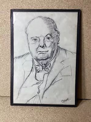 Original Winston Churchill Pencil Charcoal Sketch Portrait On Paper Vintage • £19.99