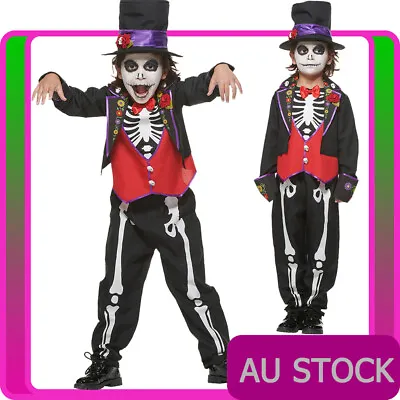 Boys Day Of The Dead Costume Kids Child Skeleton Mexican Halloween Outfits • $46.99