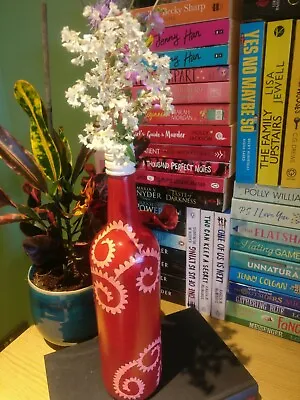 Hand Painted Tall Glass Bottle Table Centerpiece Flower Vase Red/Pink/White • £5.50