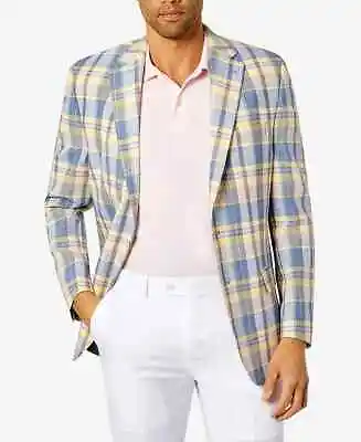 CLUB ROOM Mens Sport Coat 40L Yellow Blue Plaid Classic Fit Linen Jacket NWT 295 • $20.99