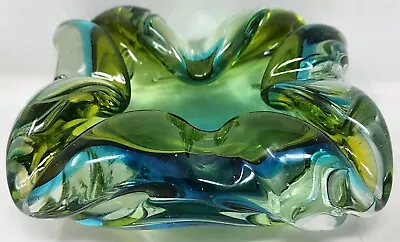 Murano Art Glass Sommerso Aqua Teal Green Folded Corner Bowl Ashtray Vintage • $129.24