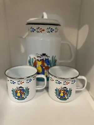 $26 • Buy Folk Art Enamel Teapot And Two Mugs With Boy/girl Man/woman Teapot 9 Inches