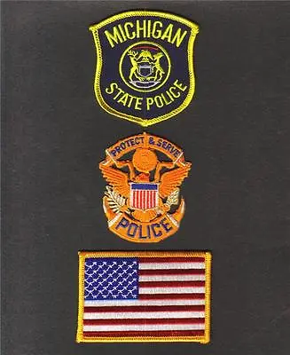 MICHIGAN State POLICE USA FLAG Protect Serve Sew Iron On NOVELTY PATCH SET 3 Pc • $13.95