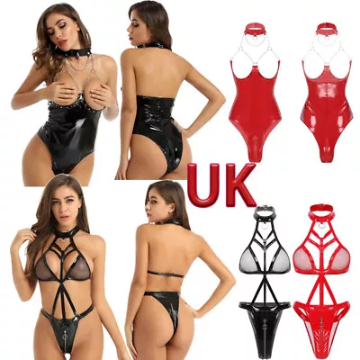 UK Women's Halter Neck Fishnet Cups Leather Briefs Leotard Bodysuits Clubwear • £6.69