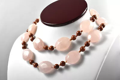 Vtg 31  Natural Pink Rose Quartz & Goldstone Beaded All Copper Necklace • $48